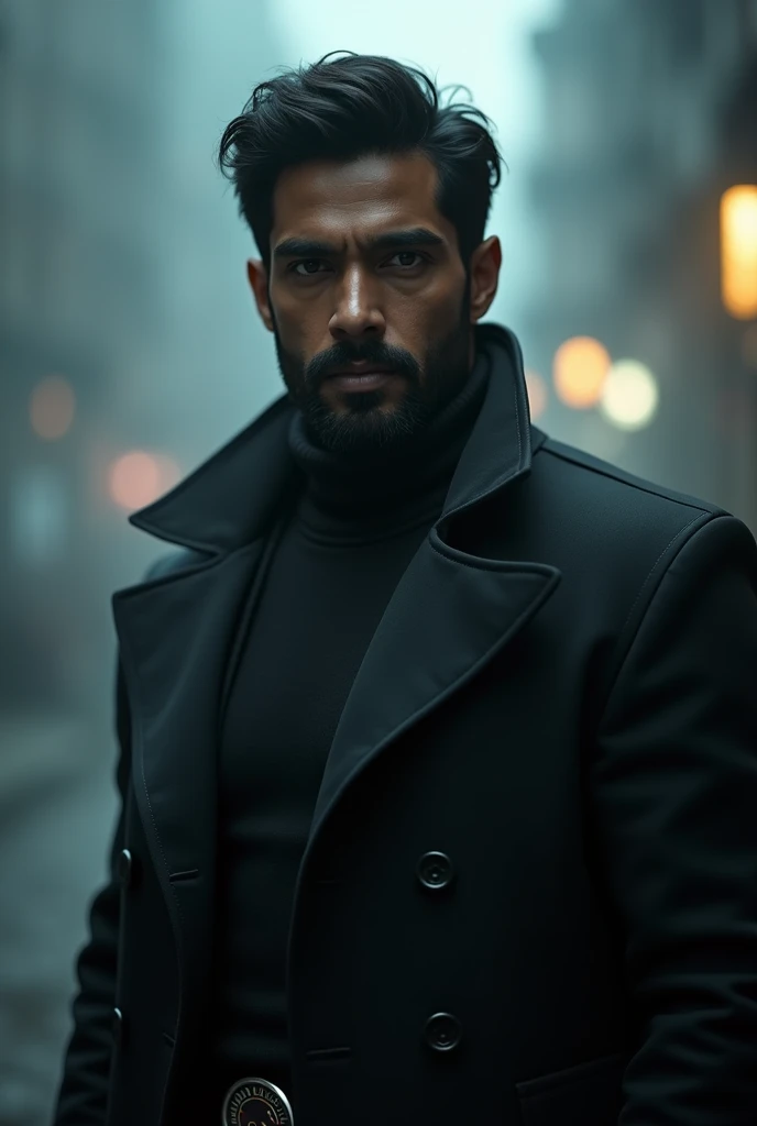 Actor Vijay, 1boy, cowboy shot of re8dfield, beard, facial hair, black coat, turtleneck, volumetric lighting, best quality, masterpiece, intricate details, tonemapping, sharp focus, hyper detailed, trending on Artstation, looking at viewer, realistic