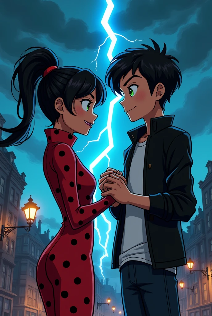 Marinette Dupain-cheng and Adrien agreste holding hands looking determined expression as they face hawkmoth 