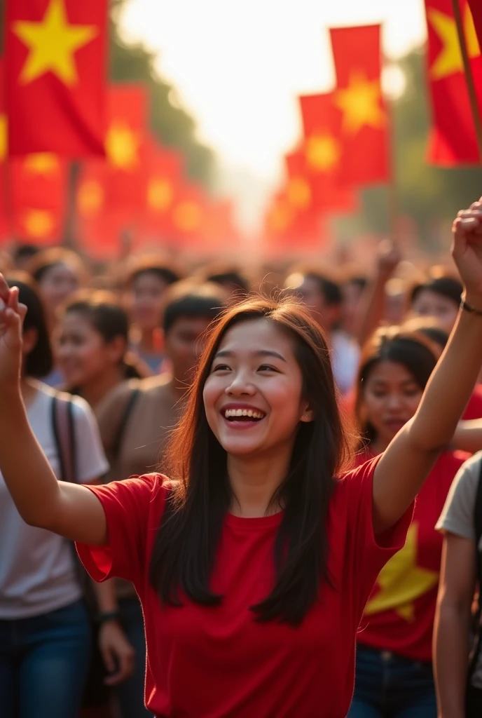 Vietnamese people on liberation day raised their hands and waved flags, smiling happily with size width 600 pixcel, height 1200 pixcel