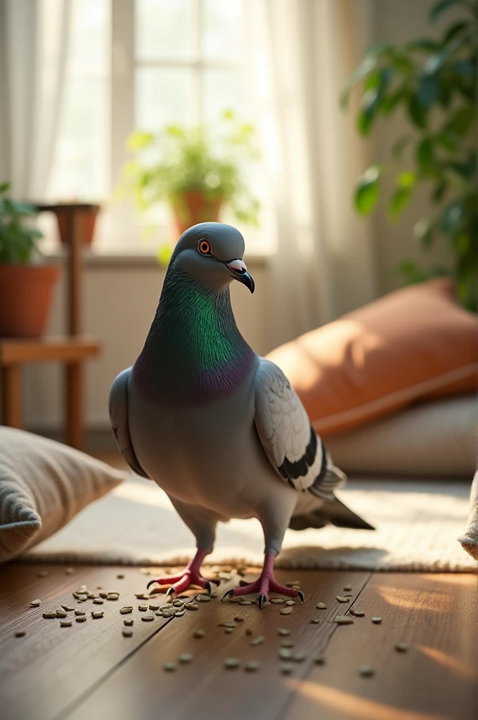 We adopted the injured pigeon.，The pigeon's injury has healed now。