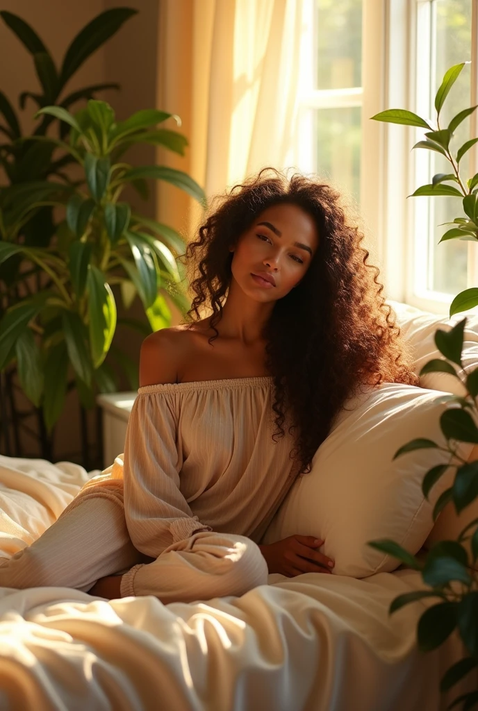 (photorealism:1.2), beautiful woman, sitting on bed, wearing loose off-shoulder top, pajama pants, long curly hair, indoors, soft lighting, plants in background, window with sunlight, cozy room, relaxed pose, realistic, intricate details, warm colors, by Greg Rutkowski, by Alphonse Mucha