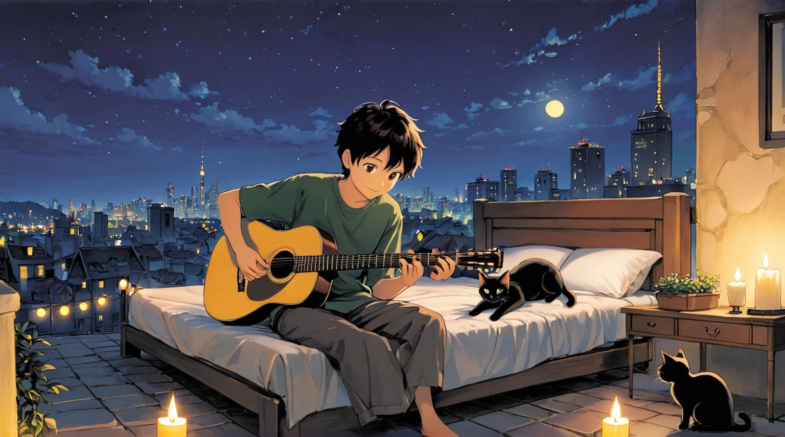 Picture drawn with crayon, A boy sits playing a guitar on the bed at rooftop with a small black cat lying next to him, outside, city night 、candle, firefly, anime Ghibli style、for plaza display