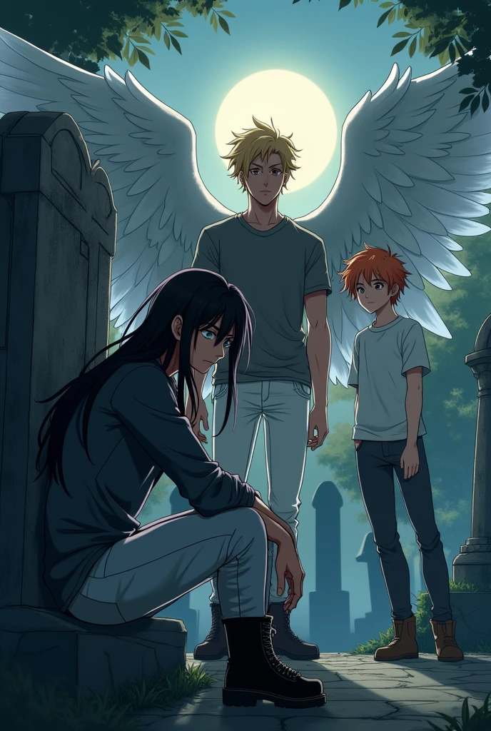 1 character: A guy with long black hair, gray eyes, Beautiful face, Beautiful skinny body, black T-shirt, black trousers, black boots,sad, sitting in a graveyard in front of a headstone. 2 characters are a guy: blond, Beautiful, Pumped up body, in a gray shirt and white pants, black boots, with large angel wings and brown eyes. 3 characters: guy with orange hair, in a white T-shirt and dark gray pants, Brown boots, Blue eyes, Large angel wings. anime art, masterpiece, realistically, super detail, Hand detailing,