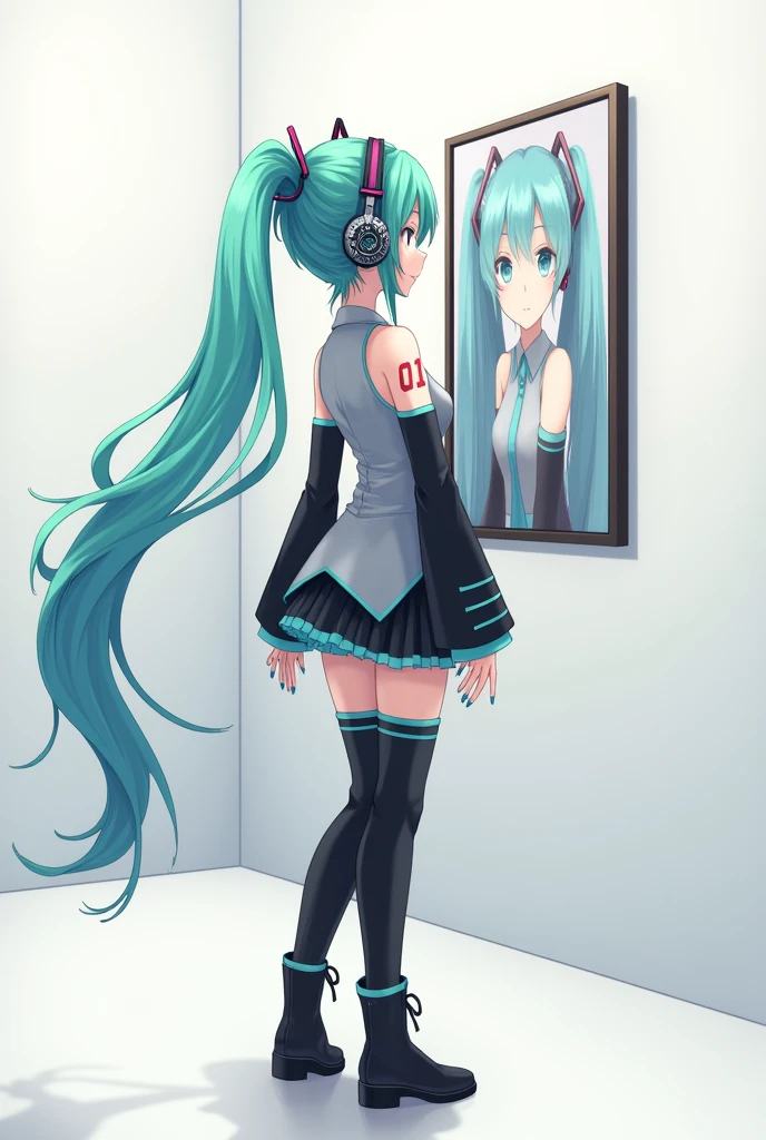 Anime art, anime style, detailed drawing, white background, high definition, high quality, one girl, solo, Hatsune Miku, aqua hair, twin tails, head ornament, headphones, number tattoo "01" (red, located on her left hand), grey sleeveless collared shirt, black detached sleeves with aqua lines, five fingers with aqua nails, aqua necktie, black pleated mini skirt with aqua lines, zettai ryouiki, thigh-high black boots with aqua lines.

Anime art, anime style, detailed drawing, white background, high definition, high quality, one girl, solo, Hatsune Miku, aqua hair, twin tails, head ornament, headphones, number tattoo "01" (red, located on her left hand), grey sleeveless collared shirt, black detached sleeves with aqua lines, five fingers with aqua nails, aqua necktie, black pleated mini skirt with aqua lines, zettai ryouiki, thigh-high black boots with aqua lines.

Miku Hatsune in the museum is looking at a painting herself on the wall.