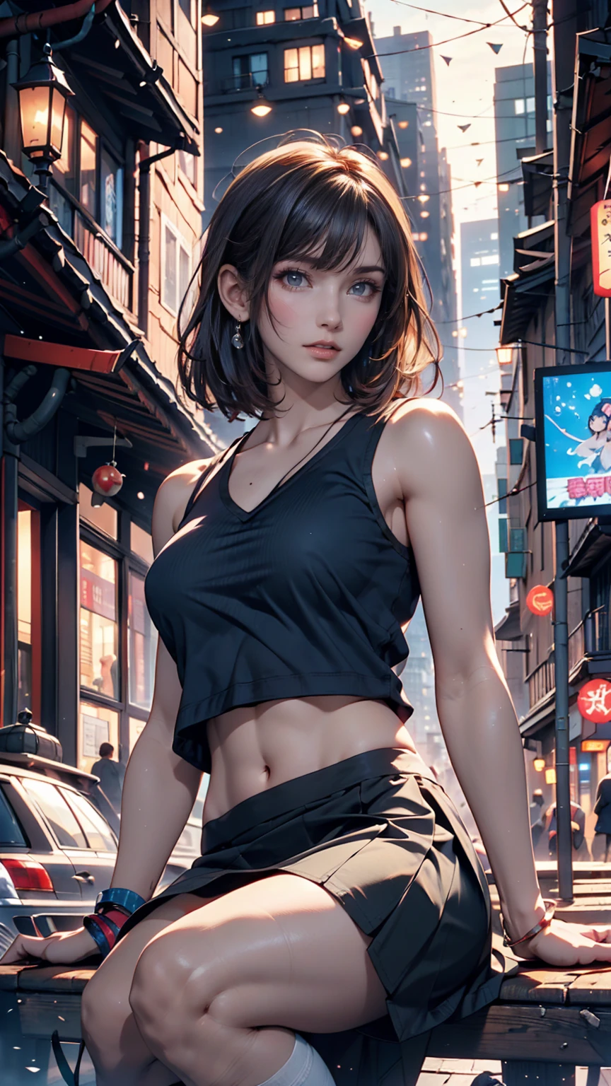 Sitting on the edge of a super high-rise building, wearing a black top, Navel visible、Micro mini skirt、The wind flips my skirt、Panties in full view、Studio Ghibli, Cityscape, Detailed illustrations, Official Art, In kawacy style, Graceful Movement, Nocturne, Composed, HD wallpaper