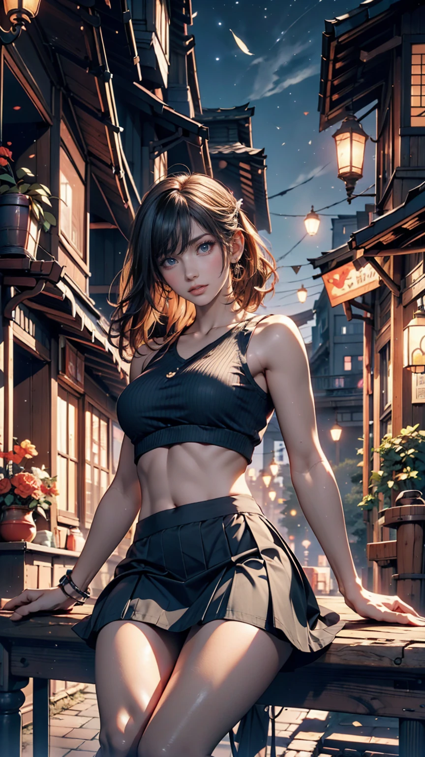 Sitting on the edge of a super high-rise building, wearing a black top, Navel visible、Micro mini skirt、The wind flips my skirt、Panties in full view、Studio Ghibli, Cityscape, Detailed illustrations, Official Art, In kawacy style, Graceful Movement, Nocturne, Composed, HD wallpaper