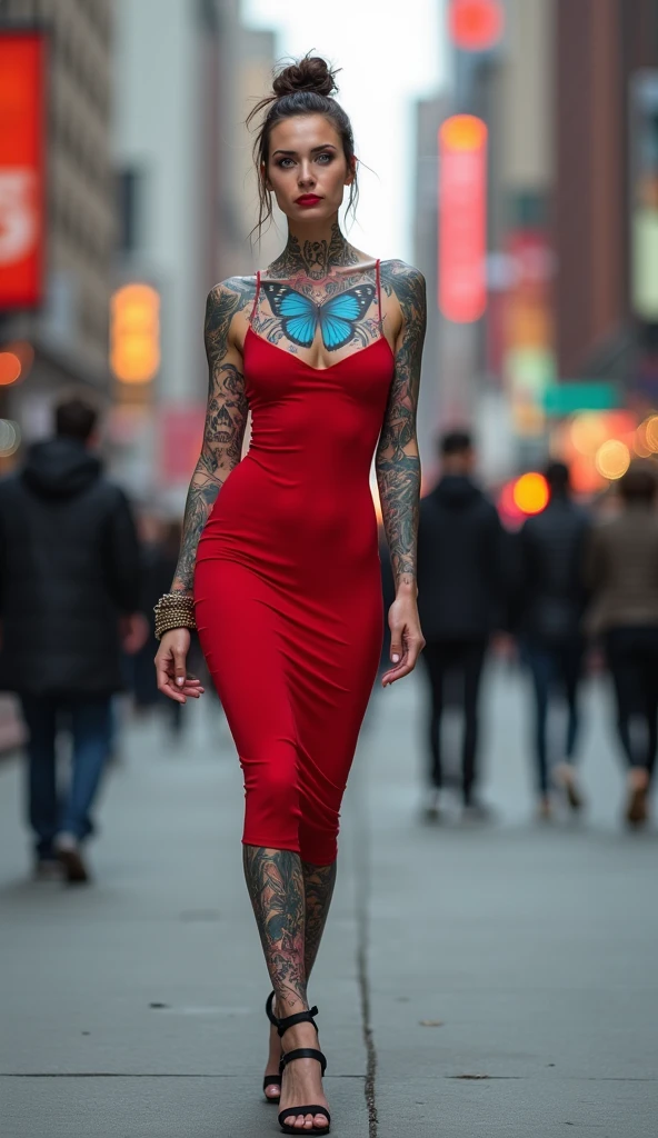 A late 30s woman, ((full length portrait)), various modeling poses, catwalk strut, crowded NYC street, wide shot, UHD, 8k, strong details, BREAK: lopsided smirk, sapphire blue eyes, palest alabaster white skin, (slim and soft physique:1.25), heavily tattooed in bright vibrant designs, (color tattoo of butterfly-winged skull on chest), honey blonde hair in a messy bun/mohawk, (small bust:1.3), (low rooted breasts:1.5), (lower set breasts:1.5), pierced nipples under dress, pokie nipples, long legs, (strong glutes), short torso, BREAK: ((red:1.4) bodycon dress), black strappy heels
