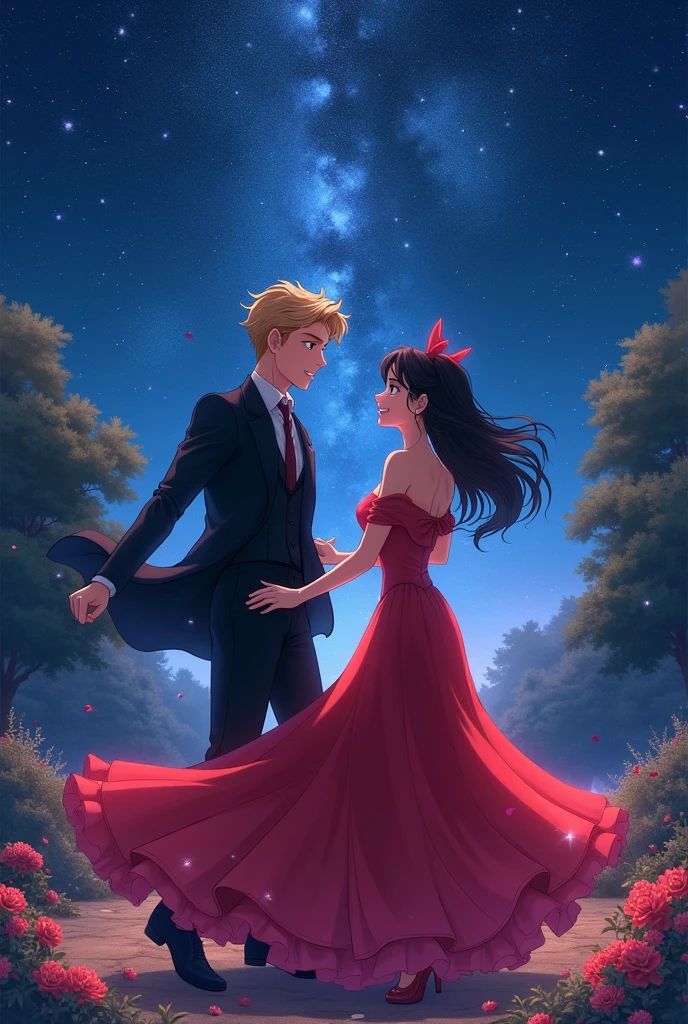 Generate am anime art of marientte dupain cheng and blond Adrien agreste dancing under the milky way . Marientte wearing a long red dress 

