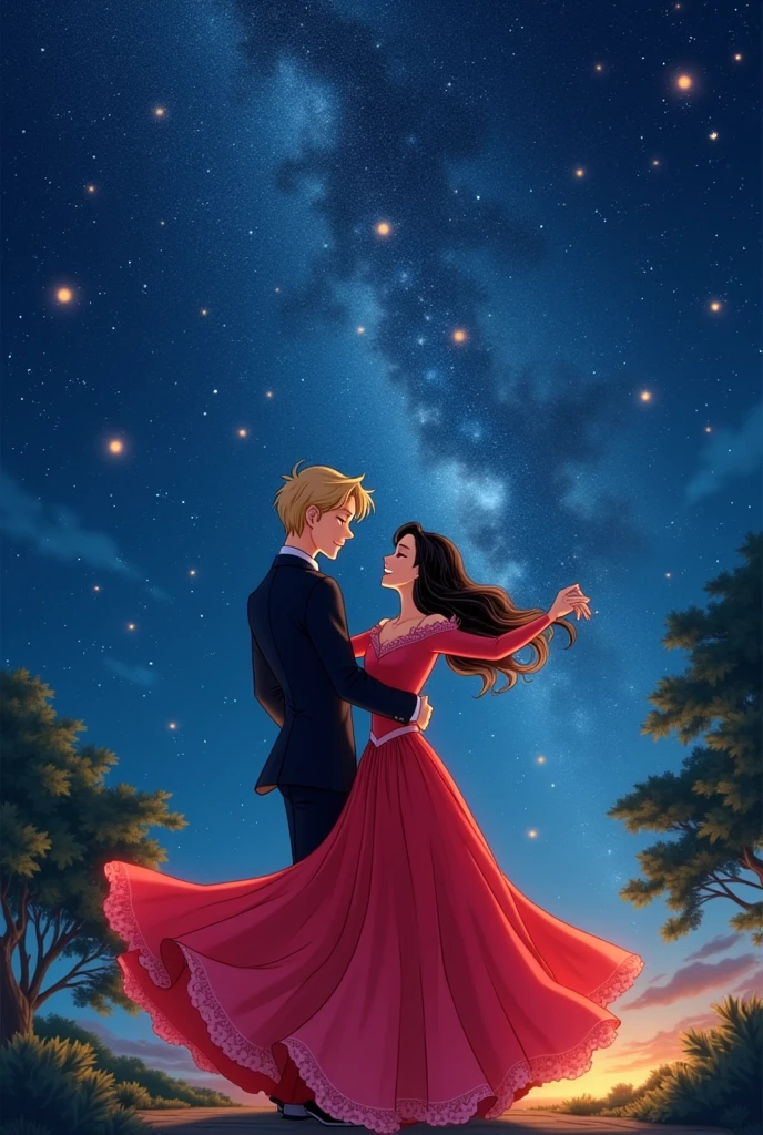 Generate am anime art of marientte dupain cheng and blond Adrien agreste dancing under the milky way . Marientte wearing a long red dress