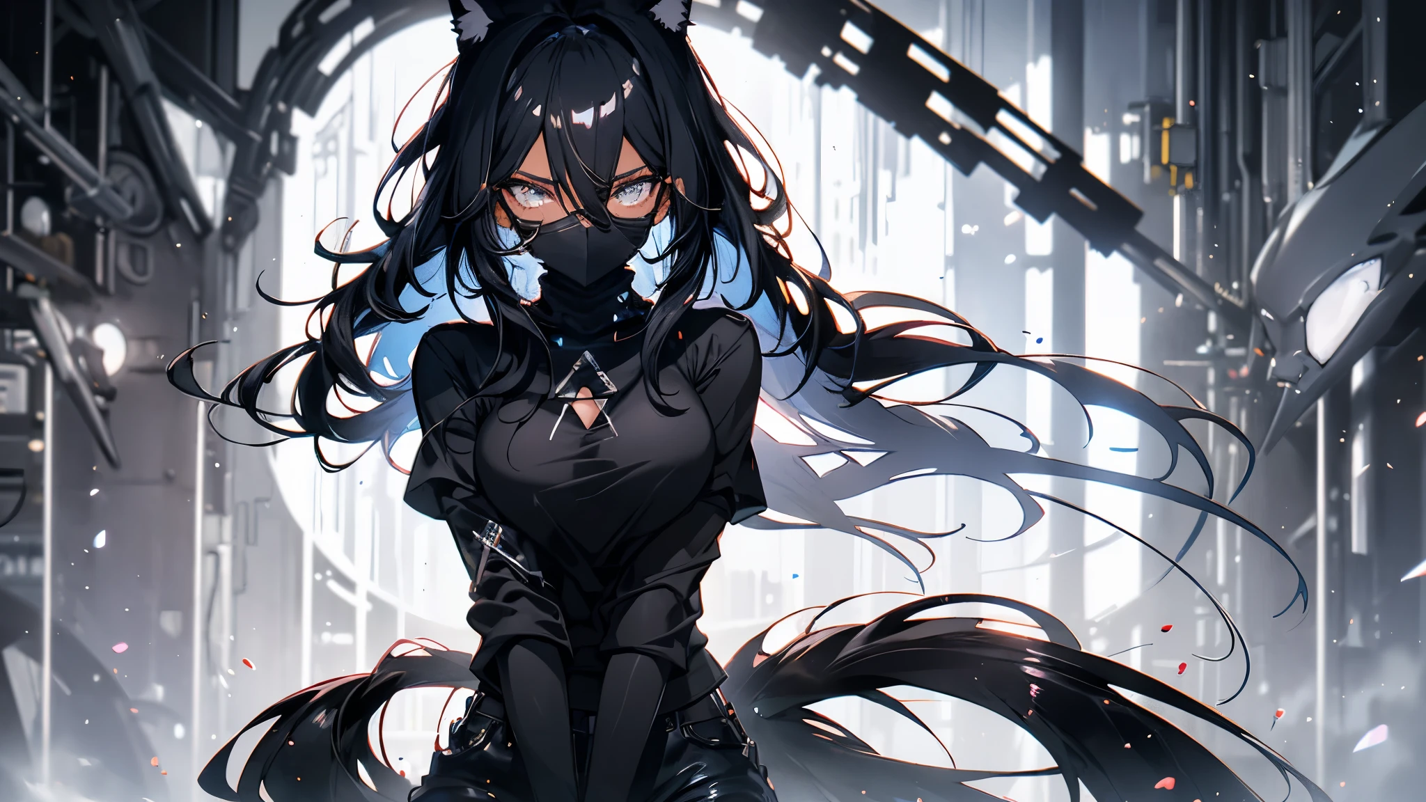 Darkskin woman, long black hair, black cat ears, grey eyes, black cropped hoodie with short sleeves, black fingerles gloves, black detached sleeves black tight long jeans, calm expression, black cat tail, detailed eyes and face