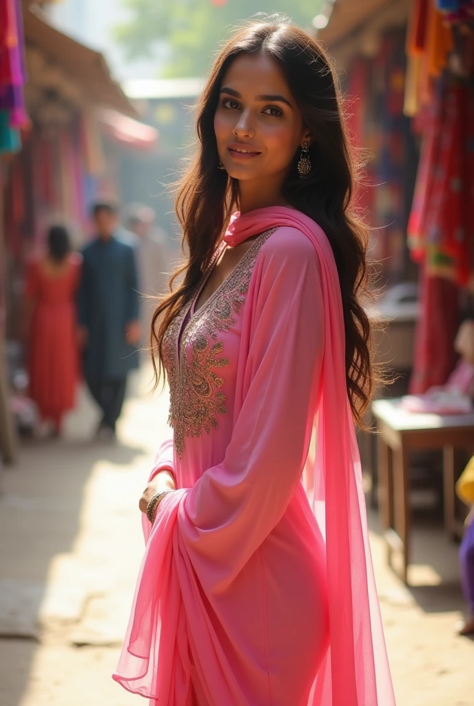 A beautiful pakistani women with big boobs her skin is white wearing a pink colour kameez show off her big butt from behind