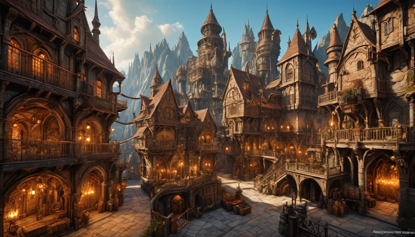 (Arthur Rackham style). ((dwarfen city of markarth, steampunk, copper pipework)). (masterpiece), ((best quality)), extremely delicate and beautiful, illustration, vibrant clolor, dynamic lighting, 8K post-production, high resolution, hyperdetailed, HDR, intricate