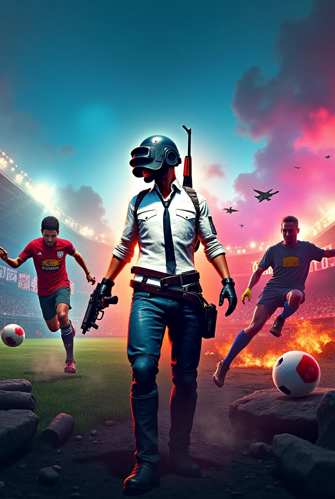 Game poster of pubg and efootball game and free fire in one photo without text any words