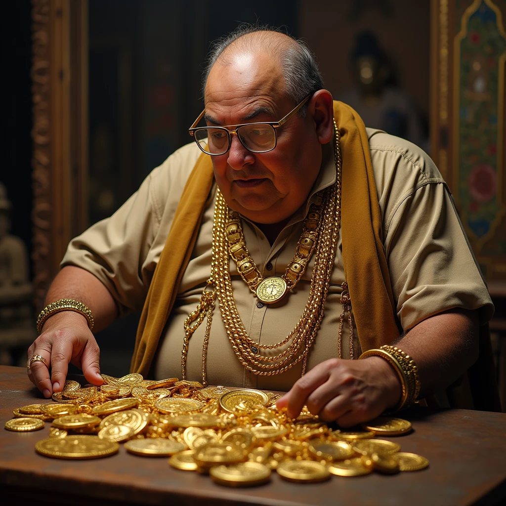 An overweight person wearing gold selling fake amulets.