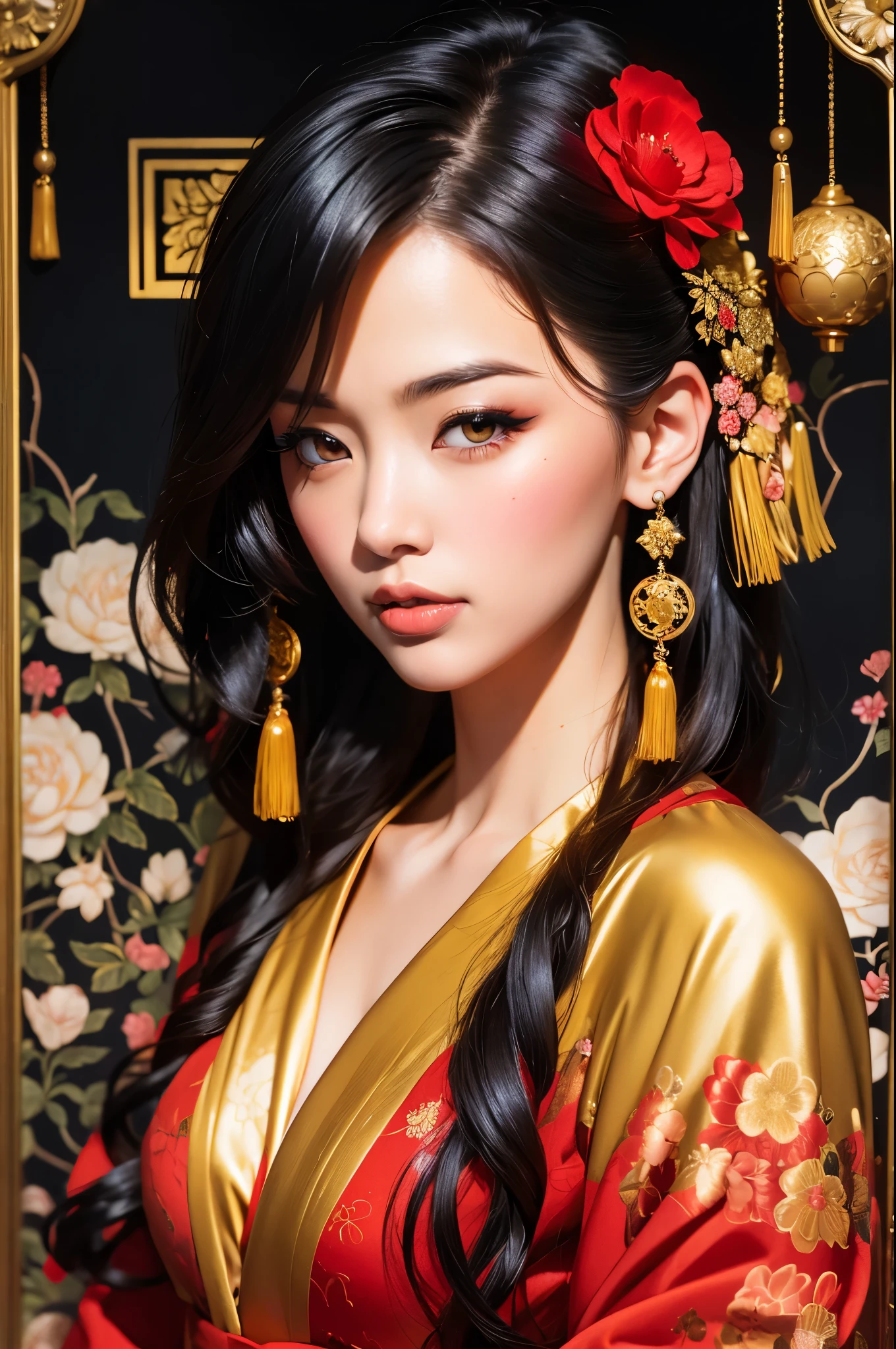 black widow in a golden red kimono dress with a gold halo, japanese goddess, chie yoshii, elegant japanese woman, portrait of a beautiful geisha, intricate geisha kimono, japanese art style