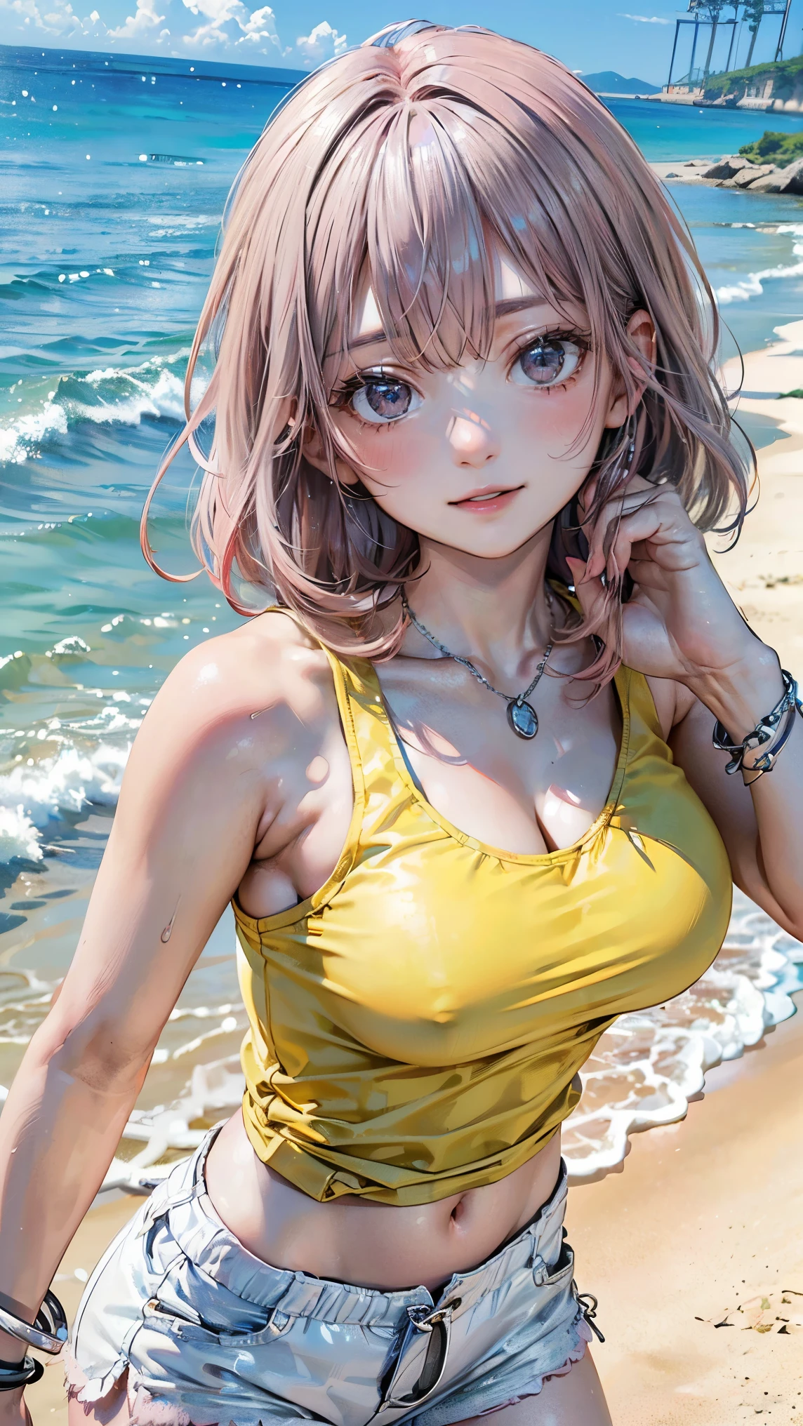 (masterpiece, Highest quality:1.3), (Super detailed:1.2), (hyperRealistic:1.3), (RAW Photos:1.2), High-definition RAW color photos, Professional photos, (PhotoRealistic:1.4), (Realistic:1.4), (Pink Hair:1.5), Professional Lighting, Perfect Anatomy, (Big Breasts:1.2), (blush, Detailed face), (Happy smile:1.7), Sexy, erotic Sexy, Random sexy gravure poses, (Beautiful woman in a yellow tank top and white shorts、Running on the beach、silver chain bracelet、Hair pulling pose。:1.3)