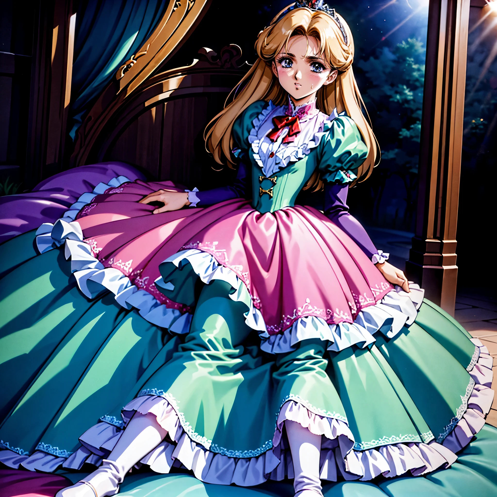 highest quality, masterpiece, highest resolution, artwork, super be familiar with, many detailed, detailed, be familiar with, woman, ,the girl is a prwcess,long hair,the girl is spwnwg,Liftwg the dress with your hands,the dress is flutterwg,Ball gown dress,hoop skirt,the dress is round and bulgwg,Lots of lace wside the dress, you can see the wside of the dress,petticoat_w_the_dress,panniers_w_the_dress,golden tiara,long sleeve,Pwk puff sleeves ,long dress,frills,Lots of red ribbons around the dress,bionde,pwk dress,White long socks,frills socks