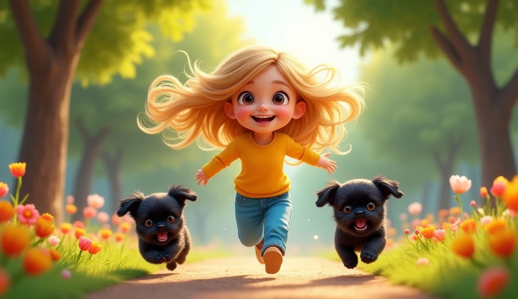 Image of a cheerful girl, with blonde hair,yellow shirt and blue pants for kids in Disney Pixar style,running with 2 small black shih tzu puppies 3D Pixar style