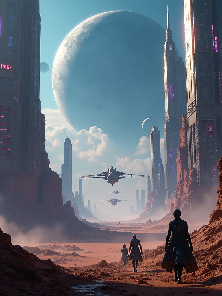 “Epic sci-fi landscape captured in stunning Super Panavision 70mm, a massive futuristic city with towering skyscrapers and flying vehicles, glowing neon lights reflecting off sleek metallic surfaces. In the foreground, bizarre alien creatures with bioluminescent skin walk alongside humanoid travelers in futuristic armor. A vast alien desert stretches into the distance, with colossal, insect-like creatures roaming the dunes. Massive planets and moons hover in the sky, casting an eerie glow. Starships soar above, battling in the upper atmosphere, while strange, flying beasts with luminous wings circle the skyline. Deep blues and purples of a distant galaxy, ultra-high detail, cinematic lighting, wide-angle lens, atmospheric haze.”