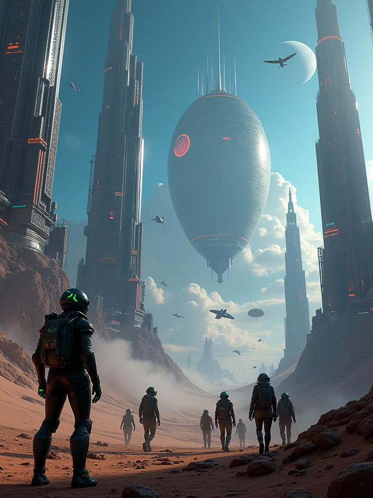 “Epic sci-fi landscape captured in stunning Super Panavision 70mm, a massive futuristic city with towering skyscrapers and flying vehicles, glowing neon lights reflecting off sleek metallic surfaces. In the foreground, bizarre alien creatures with bioluminescent skin walk alongside humanoid travelers in futuristic armor. A vast alien desert stretches into the distance, with colossal, insect-like creatures roaming the dunes. Massive planets and moons hover in the sky, casting an eerie glow. Starships soar above, battling in the upper atmosphere, while strange, flying beasts with luminous wings circle the skyline. Deep blues and purples of a distant galaxy, ultra-high detail, cinematic lighting, wide-angle lens, atmospheric haze.”