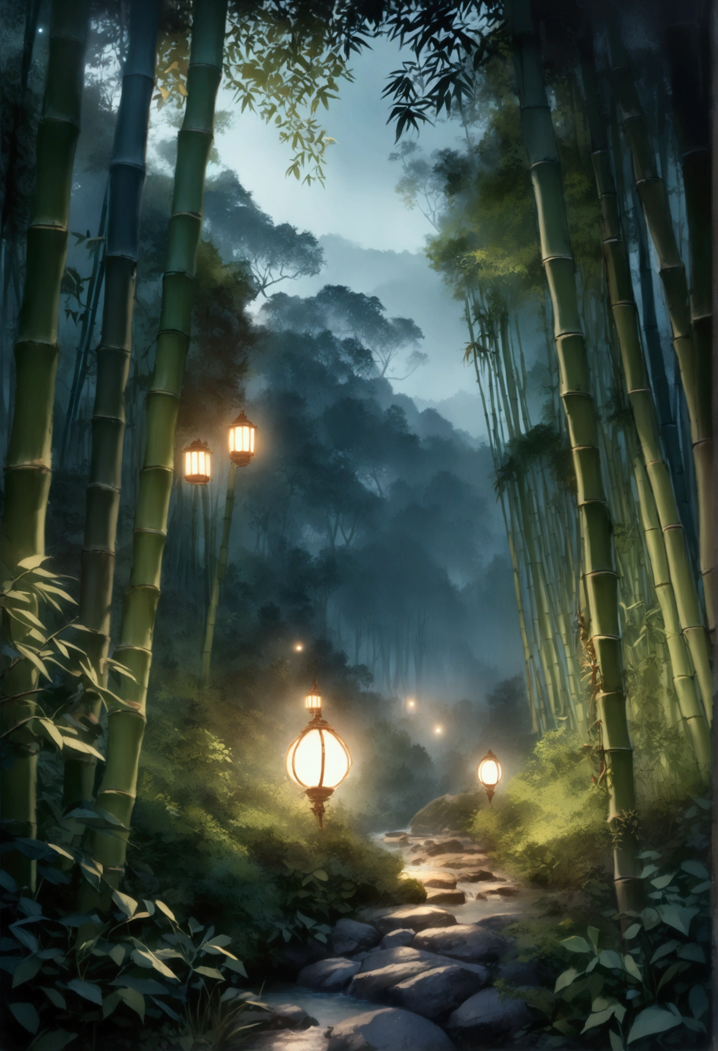 Top view, bamboo forest,Enchanted by nature, Glowing green, Leaves and magic.fair!!!!!!!!!, Green blessings, Natural and realistic rendering.Foreground illuminated by fireflies.Best Works. anatomically correct.Scenery background(best quality,4K,8k,High resolution,masterpiece:1.2),Super detailed,(actual,photoactual,photo-actual:1.37),