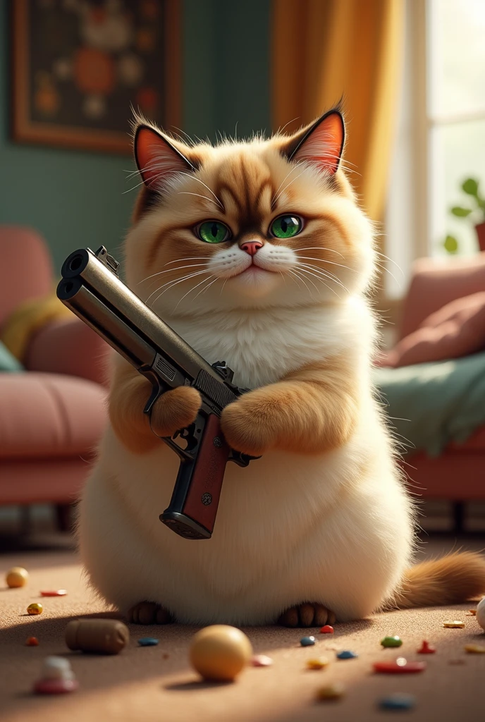 Big cute fatty cat with a smirk and gun