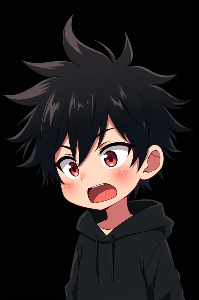 black background , Anime boy , Black Spiky hair , black hoodie , red eyes , narrowed eye , shocked reaction , blush , chibi
