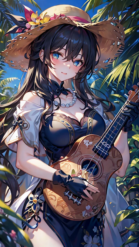 ukuleleを弾いている,(Tabletop, Highest quality), (Dynamic Angle), (Perfect image), (masterpiece, Highest quality, Highest quality, Official Art, beautifully、beautiful:1.2,Cinema Lights On,Ray Tracing), China dress, Green gloves, hair ornaments, pumps, Detachable collar, necklace, Capelet, Thigh straps,Bright pink blush on the cheek,Comic Strip, shape, Adult female, Detailed face, Perfect Face, Delicate face, Black Hair , length,8k, wallpaper, Cowboy Shot, reflected light, Most detailed, Complex, Delicate background, Fine skin, (Super Resolution), Tropical,Straw hat,(sunglasses),Aloha Shirt,(((ukulele)))