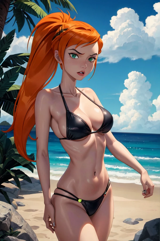 Score_9, score_8_up, score_7_up, rating explicit, lewd, 1girl, (Gwen tennyson from ben 10 alien force, orange hair, ponytail, black bikini costume:1.0), big breasts, deep cleavge , nipple pock, beautiful open eyes, (masterpiece, best quality, highly detailed, beautiful), taking sun bath