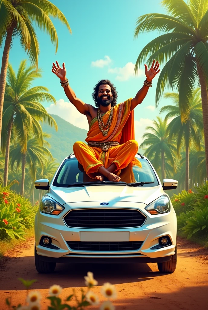 Onam maveli sitting on white ford figo. Happy onam title. Greenary background