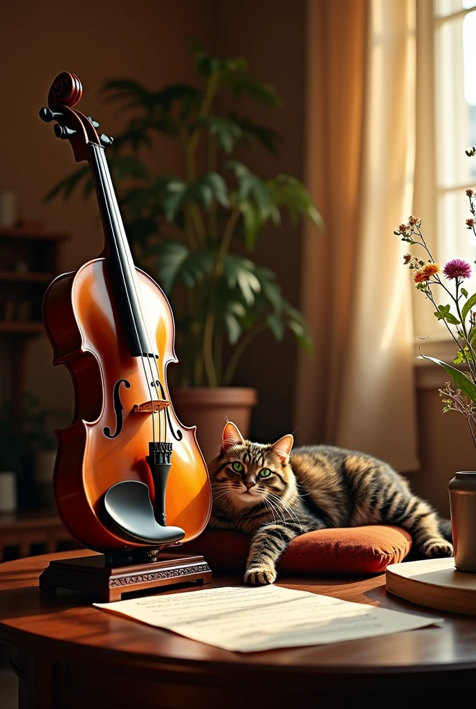 Create an image of a Viola, String family, along with a lying cat