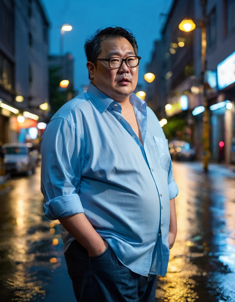 Man, Asian, 50 years old, Fat, Chubby, wearing glasses,( Put on a thin, light blue shirt, unbutton the shirt ), Shirtless, city side street, Wet, Rainy, night time, perfect lighting.