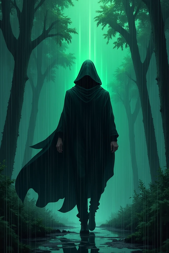 (masterpiece ,high quality) A hooded thug with black hair and black eyes ,Emanates green and black rays in its powerful aura ,Walking in a forest under the rain while his cape is moved by the wind ,anime style ,Striking ray colors ,Dark environment ,Epic saturation