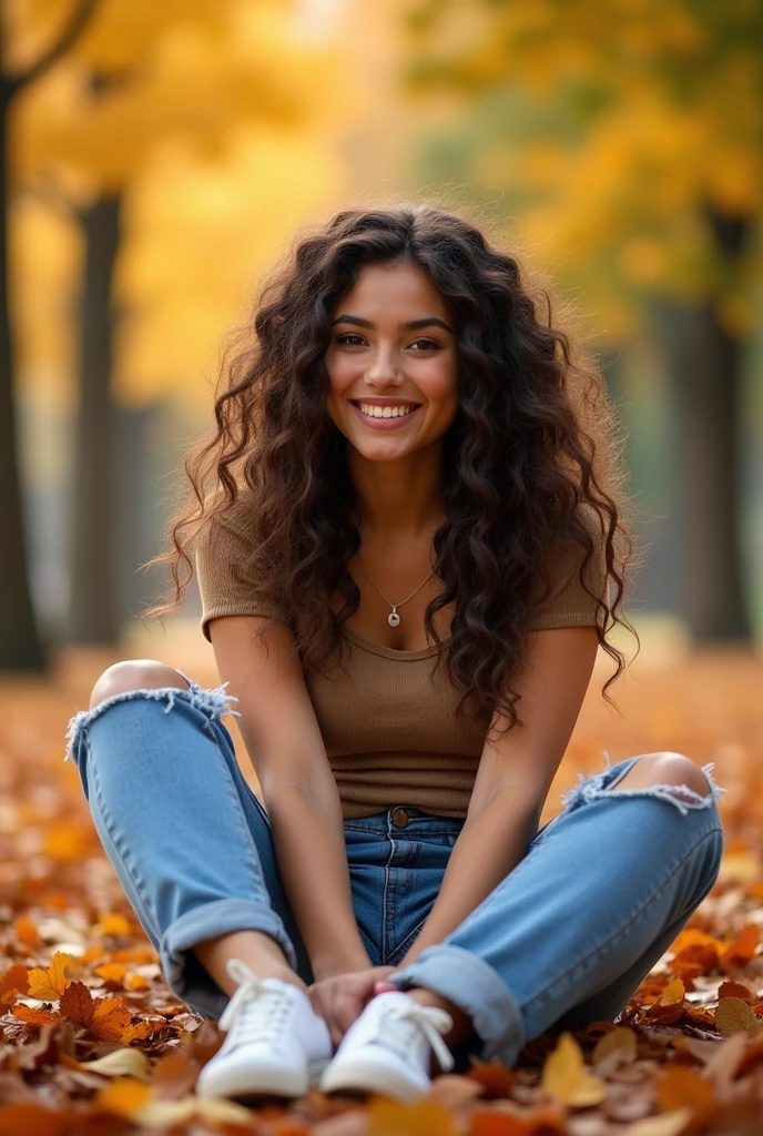 A brunette girl with curly hair and big breasts sits with her legs stretched out, taking a realistic photo