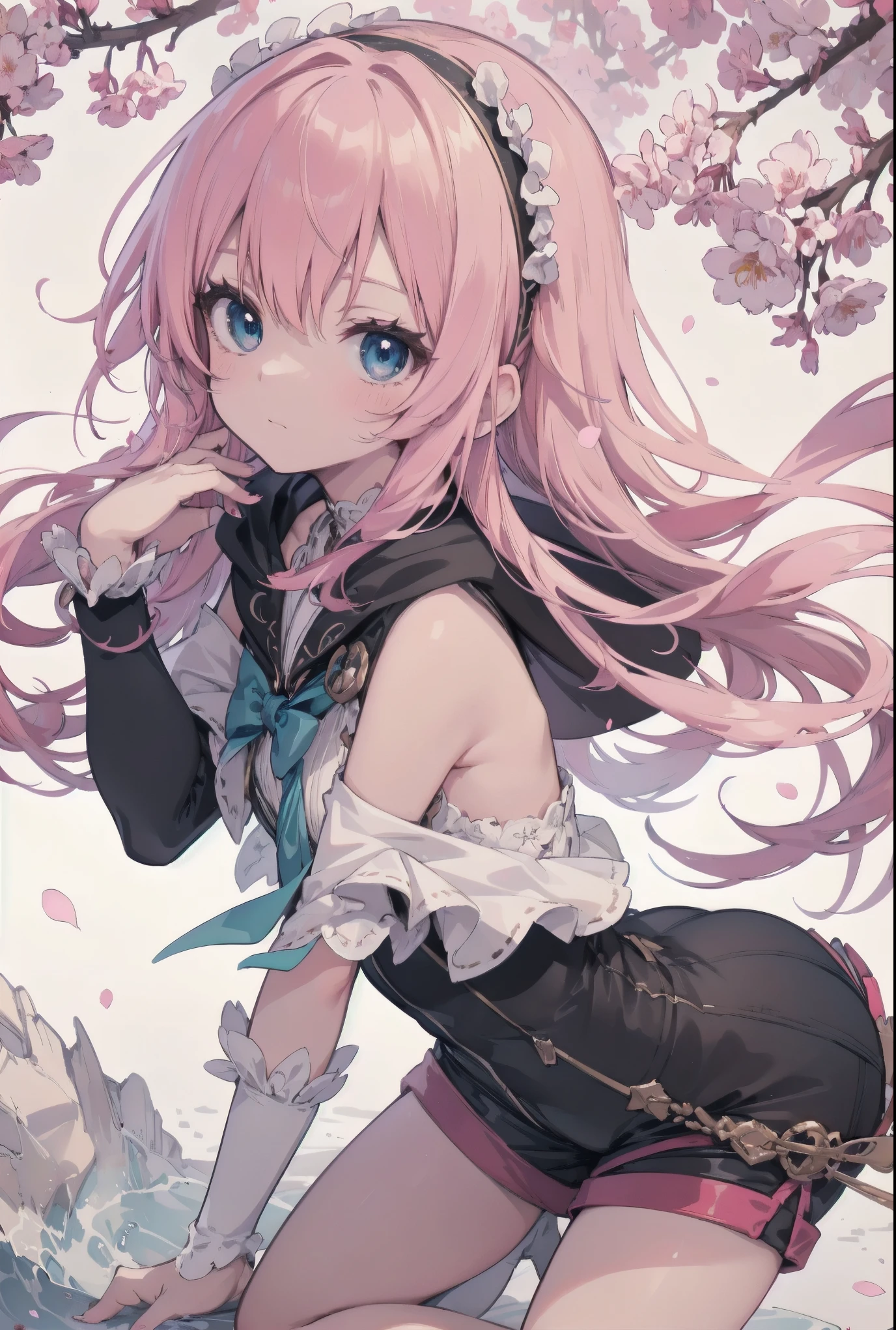 ((Extremely accurate drawing with fine details)Extremely accurate depiction)[High resolution],(detailed illustrations,Very detailed and precise drawing,Delicate lines drawn with perfect tempo,Realistic texture expression),[Color traced main lines],[Spring Park [Tree-lined street]],(Hentai Anime Girl (cute)  Skinny) (Light pink hair [Straight hair]) ((Magical girl)),([cherry blossoms] head band) Low-rise shorts (Short Cape (Off the shoulder) [lace ruffle ribbon]) [Half Cut Boots:0.8],[Silk Fabric],Transparency [Soft Ambient Light] gravure [colorful],(Intricate and beautiful decoration [Intricate details]),(Fine and beautiful skin expression [Transparency]),((Precisely drawn eyes))[完璧な目のdetailed((Beautiful eyes like jewels)Precisely drawn iris)[Clearly defined pupils]],[Eye light[Pinpoint lighting for the eyes]],[Long and beautiful eyelashes],[Precisely drawn hair [美しく艷やかな髪のdetailed]],(完璧な手のdetailed [Beautiful fingers without damage [Beautiful nails]]),(Perfect Anatomy(Perfectly balanced ratio))[[Full body portrait]],[Ideal color coordination(Accurate simulation of light-matter interactions)],([Precision in the details](detailed,High resolution)),[[Soft and gentle colors]][Visual arts that tell stories].