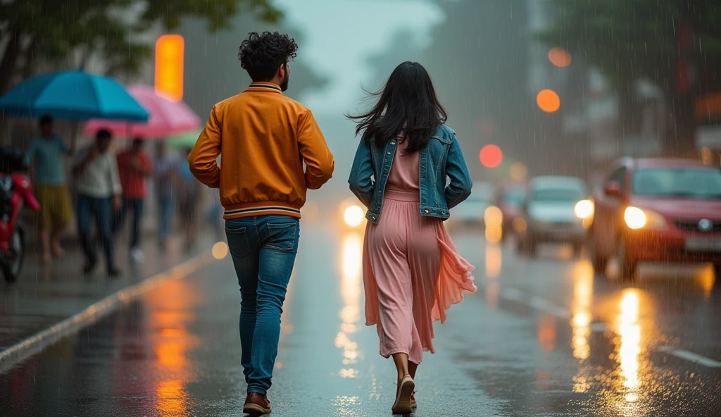 A boy age 27 from south india and a girl age 25 from north india looks very stylish. And she wears Western wear. Both of them are running in rain on street road to find shelter. "Realistic, intricate details, vibrant colours.
