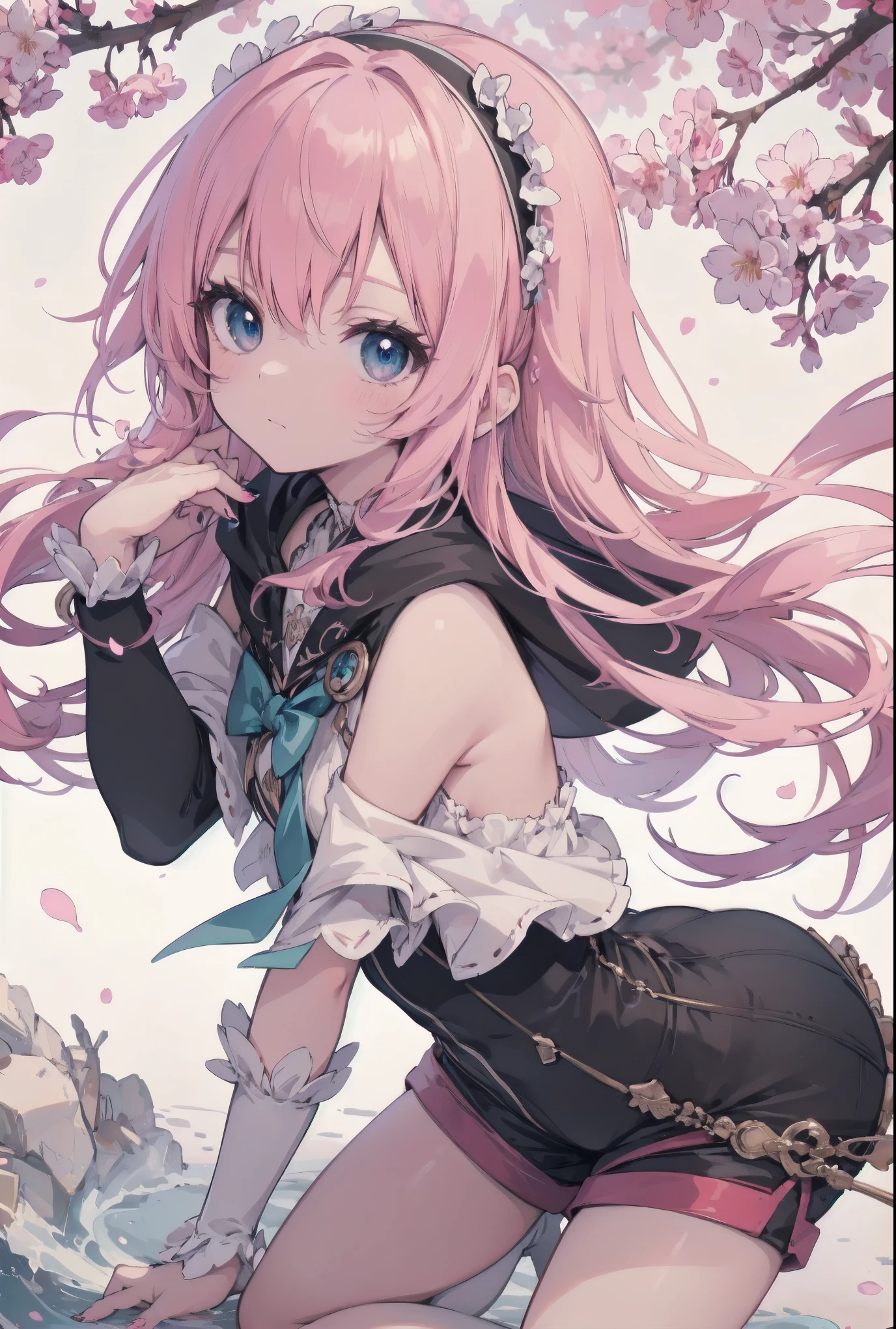 ((Extremely accurate drawing with fine details)Extremely accurate depiction)[High resolution],(detailed illustrations,Very detailed and precise drawing,Delicate lines drawn with perfect tempo,Realistic texture expression),[Color traced main lines],[Spring Park [Tree-lined street]],(Hentai Anime Girl (cute)  Skinny) (Light pink hair [Straight hair]) ((Magical girl)),([cherry blossoms] head band) Low-rise shorts (Short Cape (Off the shoulder) [lace ruffle ribbon]) [Half Cut Boots:0.8],[Silk Fabric],Transparency [Soft Ambient Light] gravure [colorful],(Intricate and beautiful decoration [Intricate details]),(Fine and beautiful skin expression [Transparency]),((Precisely drawn eyes))[完璧な目のdetailed((Beautiful eyes like jewels)Precisely drawn iris)[Clearly defined pupils]],[Eye light[Pinpoint lighting for the eyes]],[Long and beautiful eyelashes],[Precisely drawn hair [美しく艷やかな髪のdetailed]],(完璧な手のdetailed [Beautiful fingers without damage [Beautiful nails]]),(Perfect Anatomy(Perfectly balanced ratio))[[Full body portrait]],[Ideal color coordination(Accurate simulation of light-matter interactions)],([Precision in the details](detailed,High resolution)),[[Soft and gentle colors]][Visual arts that tell stories].