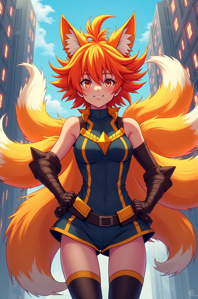 A girl with orange hair and 9 kitsune fox tails, anime style like My Hero Academia, In her short hero costume 