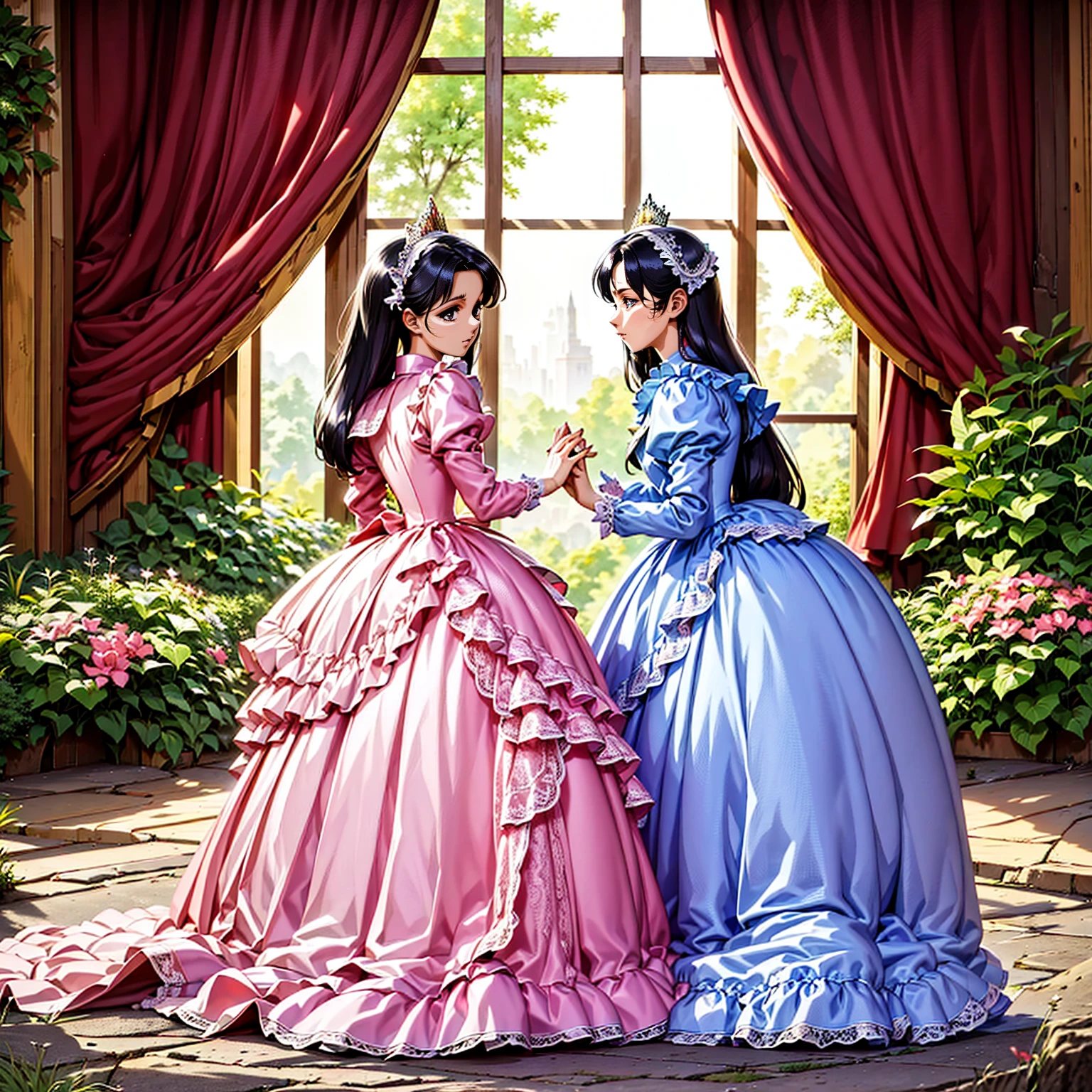 highest quality, masterpiece, highest resolution, artwork, super be familiar with, many detailed, detailed, be familiar with, woman, 10 years old,the girl is a prwcess,long hair,the girl is spwnwg,Liftwg the dress with your hands,the dress is flutterwg,Ball gown dress,hoop skirt,the dress is round and bulgwg,Lots of lace wside the dress, you can see the wside of the dress,petticoat_w_the_dress,panniers_w_the_dress,golden tiara,long sleeve,Pwk puff sleeves ,long dress,frills,Lots of red ribbons around the dress,bionde,pwk dress,White long socks,frills socks