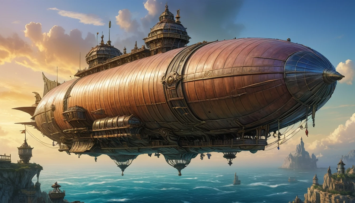 (Arthur Rackham style). ((fantasy sci-fi airship, mothership, propler, from final fantasy x)). (masterpiece), ((best quality)), vibrant color, high resolution, delicate and beautiful, majestic, intricate, illustration, vibrant clolor, dynamic lighting, 8K post-production, highly detailed, HDR