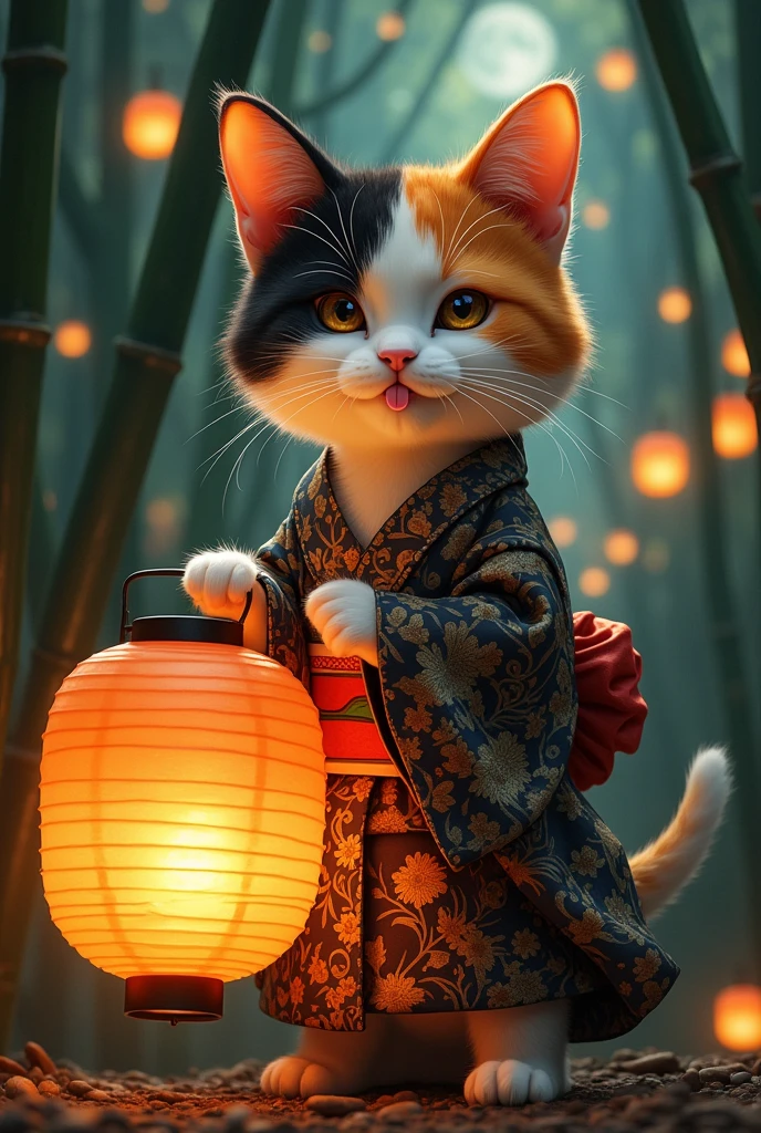 Traditional bamboo forest、Japanese Yokai、Cat、擬人化されたメスの三毛Cat、Wear a traditional kimono from Japan、Sticking out tongue、Night after night, Licking the oil of a lantern、detailed fur texture、Expressing the texture of a kimono in detail、Very detailed、Mysterious、Shine、mysterious、Fantasy、Ukiyo-e style、Bright colors、Dramatic lighting、Digital Painting、8k、high quality