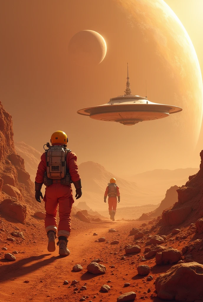 Human settlement on Mars, orbiting space station, desolate wilderness, life in spacesuits, near-future science, best picture quality