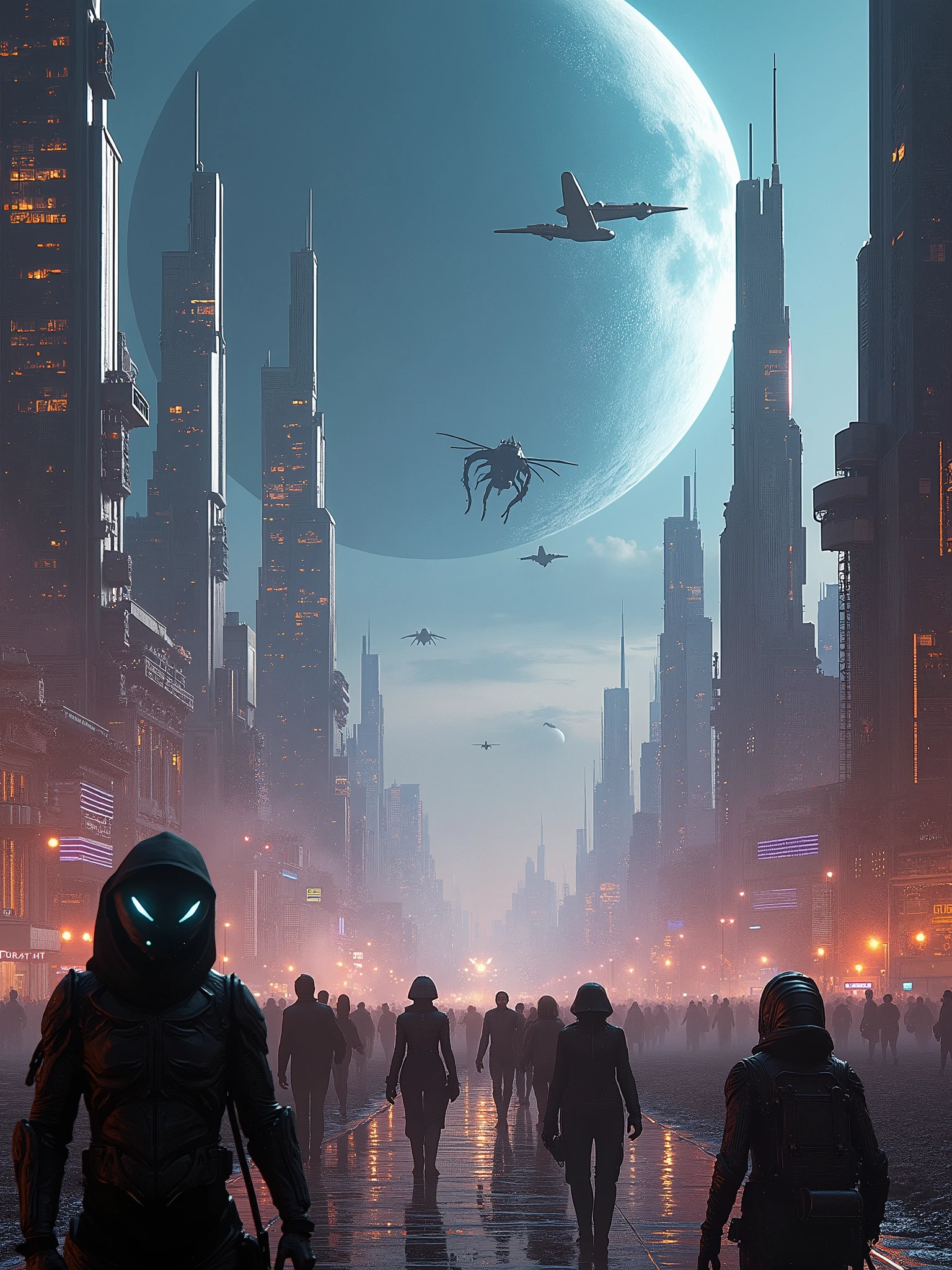 “Epic sci-fi landscape captured in stunning Super Panavision 70mm, a massive futuristic city with towering skyscrapers and flying vehicles, glowing neon lights reflecting off sleek metallic surfaces. In the foreground, bizarre alien creatures with bioluminescent skin walk alongside humanoid travelers in futuristic armor. A vast alien desert stretches into the distance, with colossal, insect-like creatures roaming the dunes. Massive planets and moons hover in the sky, casting an eerie glow. Starships soar above, battling in the upper atmosphere, while strange, flying beasts with luminous wings circle the skyline. Deep blues and purples of a distant galaxy, ultra-high detail, cinematic lighting, wide-angle lens, atmospheric haze.”