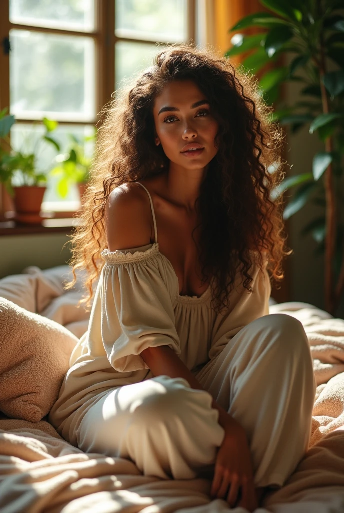 (photorealism:1.2), beautiful woman, sitting on bed, wearing loose off-shoulder top, pajama pants, long curly hair, indoors, soft lighting, plants in background, window with sunlight, cozy room, relaxed pose, realistic, intricate details, warm colors, by Greg Rutkowski, by Alphonse Mucha