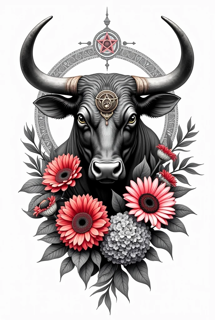 Bull bust with occult details surrounded by flowers, including gerberas,pink sunflowers, alcatraces and hydrangeas. Designed as a tattoo stencil