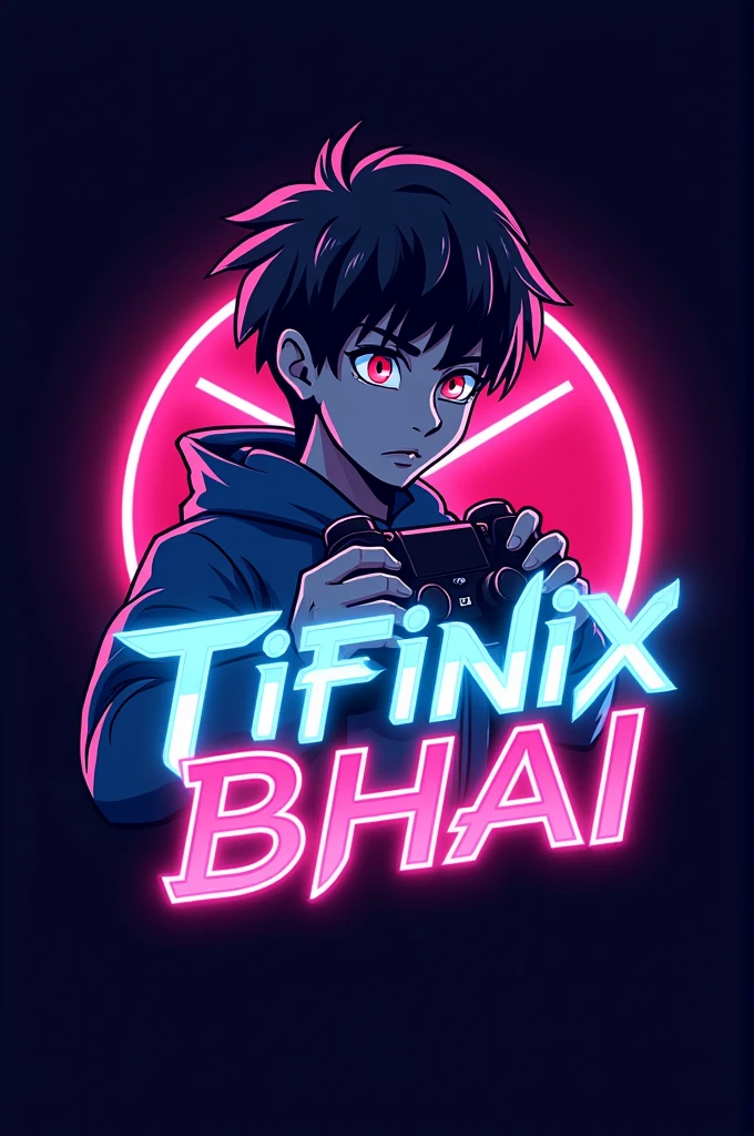 This is a gaming logo that features the name "Tifinix Bhai" in a futuristic font and a neon pink blue color. and Boy Anime avtar, The logo also has a stylized controller icon and a YouTube play button in the background. The logo is designed to be attractive and eye-catching, and to appeal to gaming enthusiasts and YouTube viewers. I hope you like it