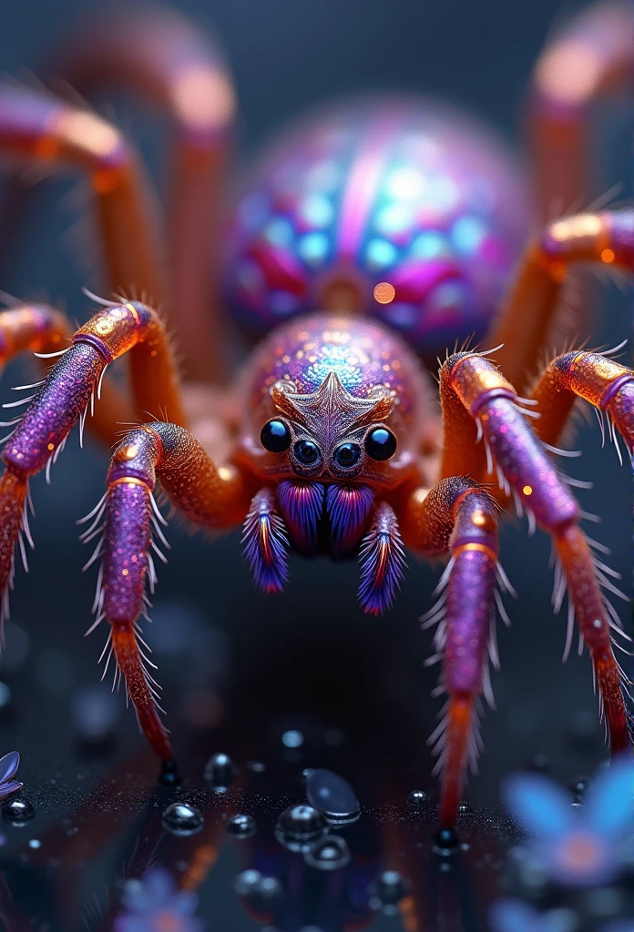 Fantastic and gorgeous spider, iridescent and shiny exoskeleton, delicate hairs, intricate patterns ultra high resolution, clear details, fantasy style, vivid colors, purple and gold gradients, light reflections, rich textures, 8K image quality