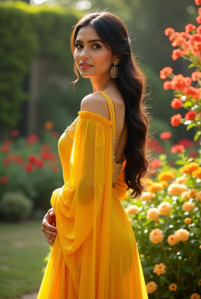 A beautiful pakistani women with big boobs her skin is white wearing a yellow colour kameez show off her big butt from behind