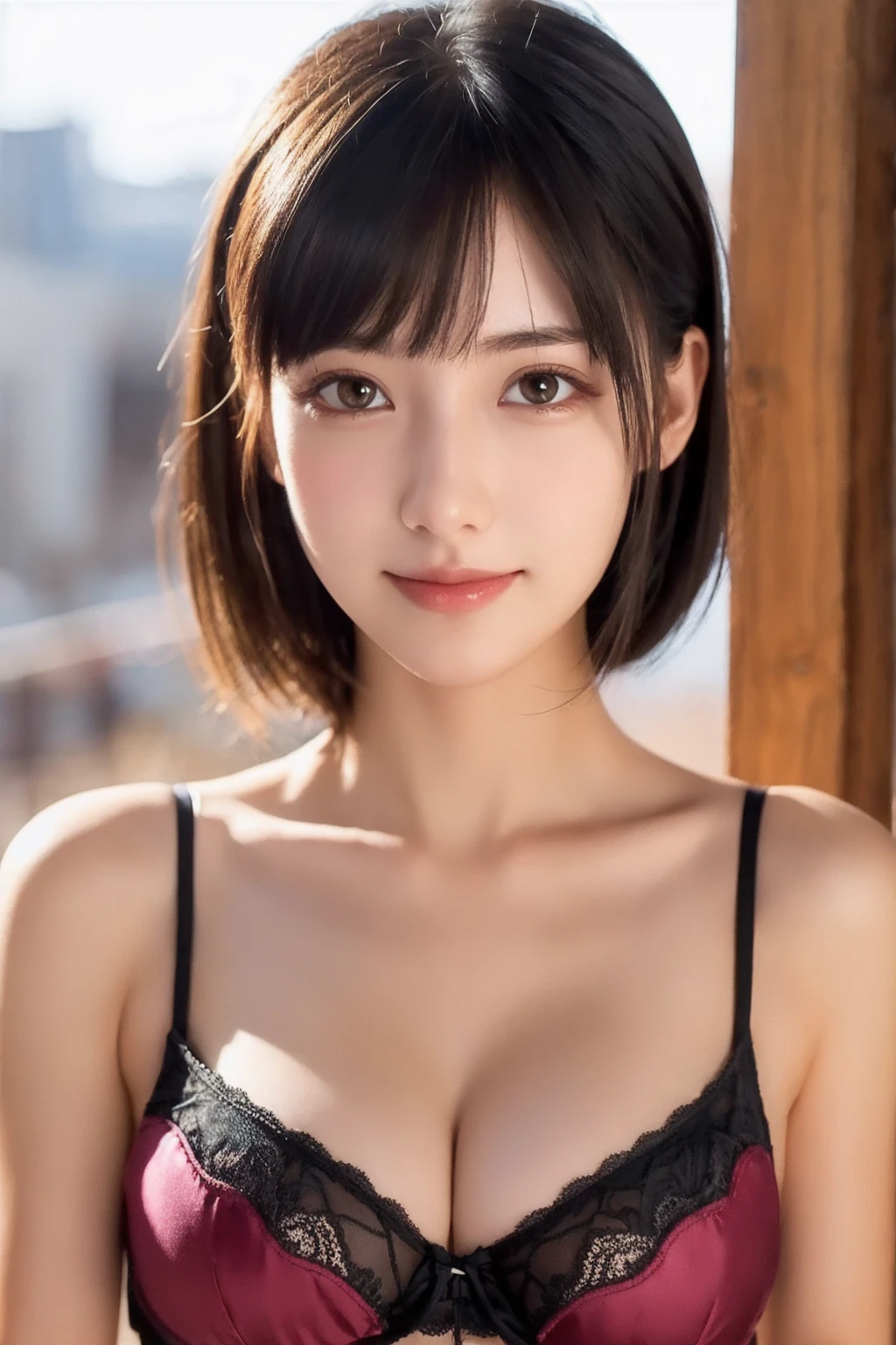 (8k, RAW Photo, Best Quality, Masterpiece:1.2), table top, Ultra Detail, Super Resolution, (Realistic, Realistic Photo:1.37), Portrait, High Detail RAW Color Photo, Professional Photo, Extremely Detailed and Beautiful, Extremely detailed, 8k wallpaper, amazing and detailed, huge file size, official art, highly detailed CG unity 8k wallpaper, highly detailed beautiful girl, highly detailed face, highly detailed eyes, highly detailed skin, highly detailed fingers, highly detailed nose, very detailed detailed mouth , perfect anatomy, highly detailed background, highly detailed clothes, 1girl, 17 year old girl, cute girl, realistic body, fair skin, glowing skin , slim body, handsome body, black hair , semilong hair, (blunt bangs:1.2), smile, cute, youthful, cute face, realistic face, delicate eyes, drooping eyes, looking at viewer, facing front, standing posture, Contraposto, dynamic lighting, ((face closeup)), (medium chest), (Perfect Body Proportions), (slender Body Proportions), (bedroom), super sexy pose, ((colorful lingerie)),