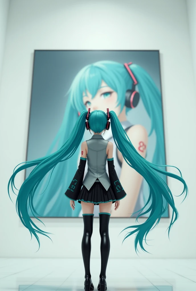 Anime art, anime style, detailed drawing, white background, high definition, high quality, one girl, solo, Hatsune Miku, aqua hair, twin tails, head ornament, headphones, number tattoo "01" (red, located on her left hand), grey sleeveless collared shirt, black detached sleeves with aqua lines, five fingers with aqua nails, aqua necktie, black pleated mini skirt with aqua lines, zettai ryouiki, thigh-high black boots with aqua lines.
Anime art, anime style, detailed drawing, white background, high definition, high quality, one girl, solo, Hatsune Miku, aqua hair, twin tails, head ornament, headphones, number tattoo "01" (red, located on her left hand), grey sleeveless collared shirt, black detached sleeves with aqua lines, five fingers with aqua nails, aqua necktie, black pleated mini skirt with aqua lines, zettai ryouiki, thigh-high black boots with aqua lines.
Miku Hatsune in the museum is looking at a painting herself on the wall.